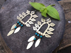 Hammered Brass Leaf Earrings | Turquoise Stone Fringe - Aware House
