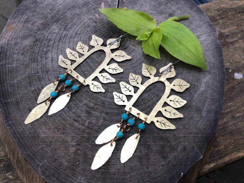 Hammered Brass Leaf Earrings | Turquoise Stone Fringe-zoom-