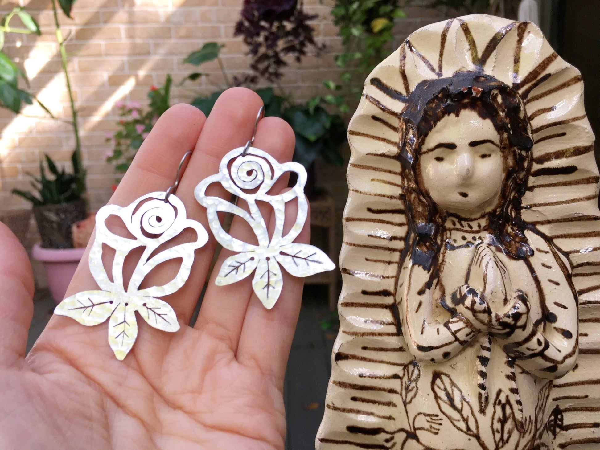 Metal Rose Earrings | Hand Cut Folk Art Jewelry - Aware House