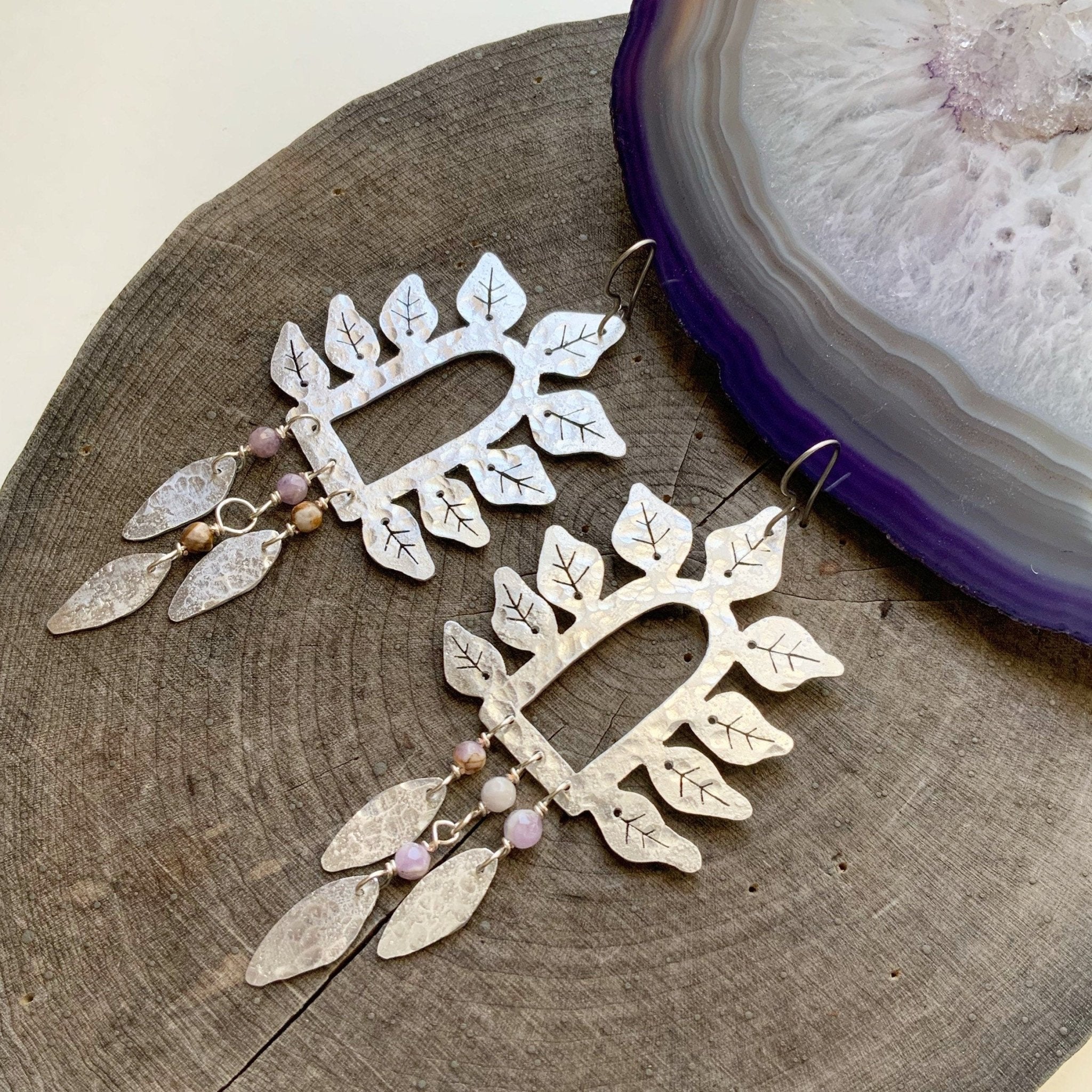 Hammered Brass Leaf Earrings | Turquoise Stone Fringe - Aware House