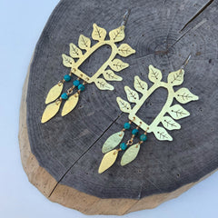 Hammered Brass Leaf Earrings | Turquoise Stone Fringe - Aware House