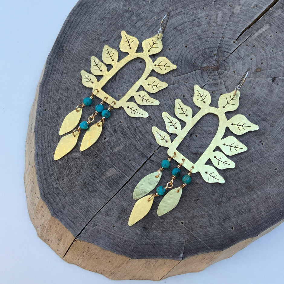 Hammered Brass Leaf Earrings | Turquoise Stone Fringe - Aware House