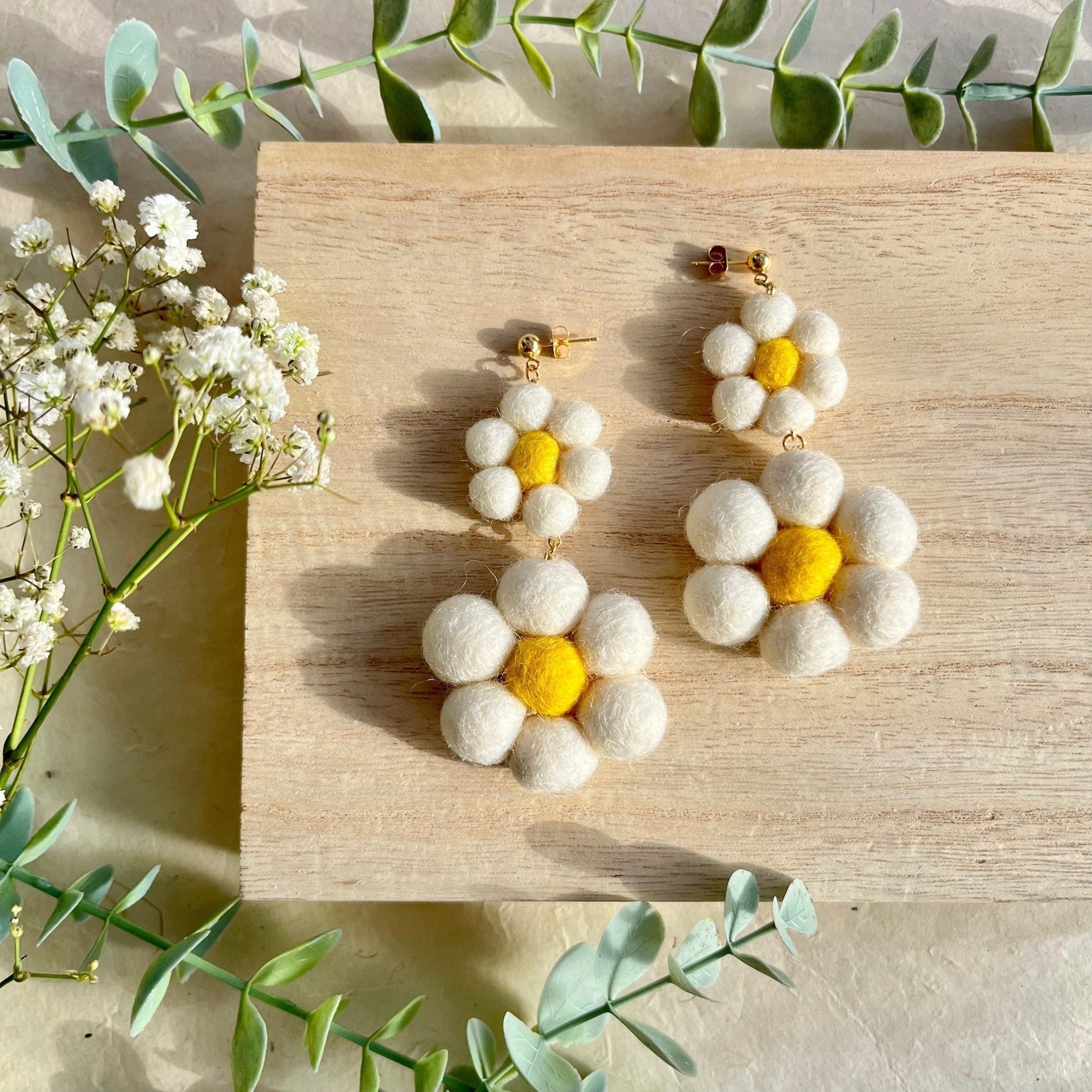 White Daisy Dangle Felt Earrings - Aware House - Honey Loom Designs -