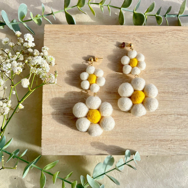 White Daisy Dangle Felt Earrings-zoom-