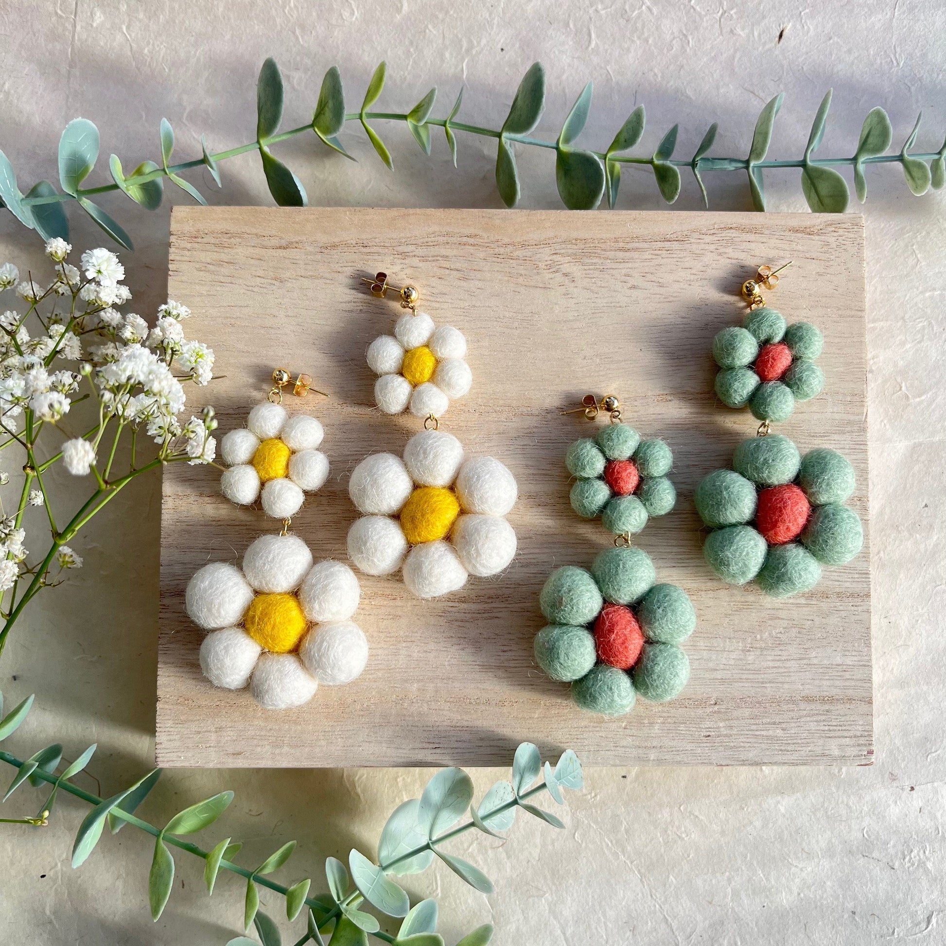 Sea Foam & Coral Double Daisy Earrings-2