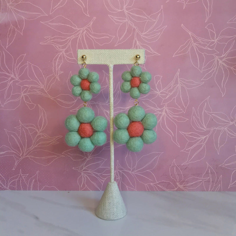 Sea Foam & Coral Double Daisy Earrings-zoom-