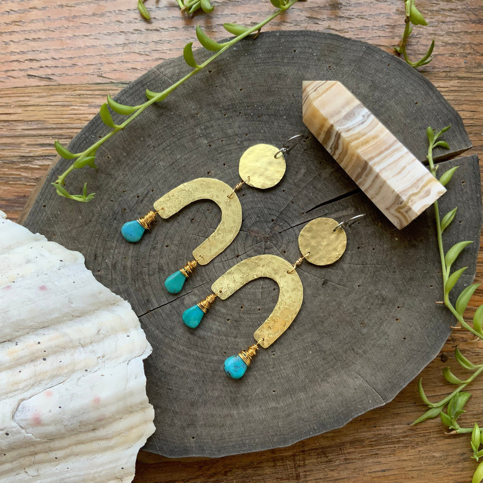 Turquoise & Brass Arc Earrings