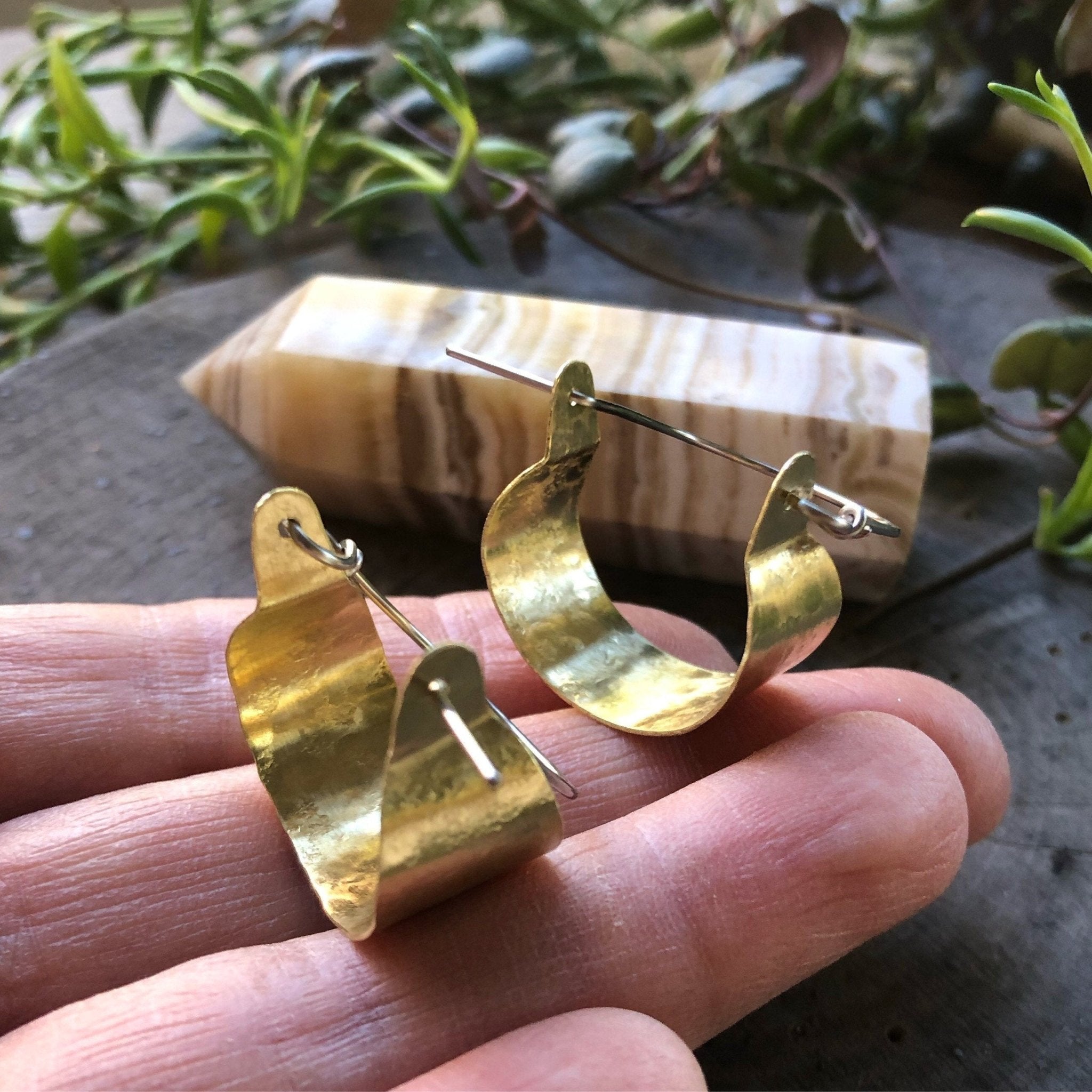 Rustic Metal Scoop Hoop Earrings | Handmade Hammered Brass - Aware House
