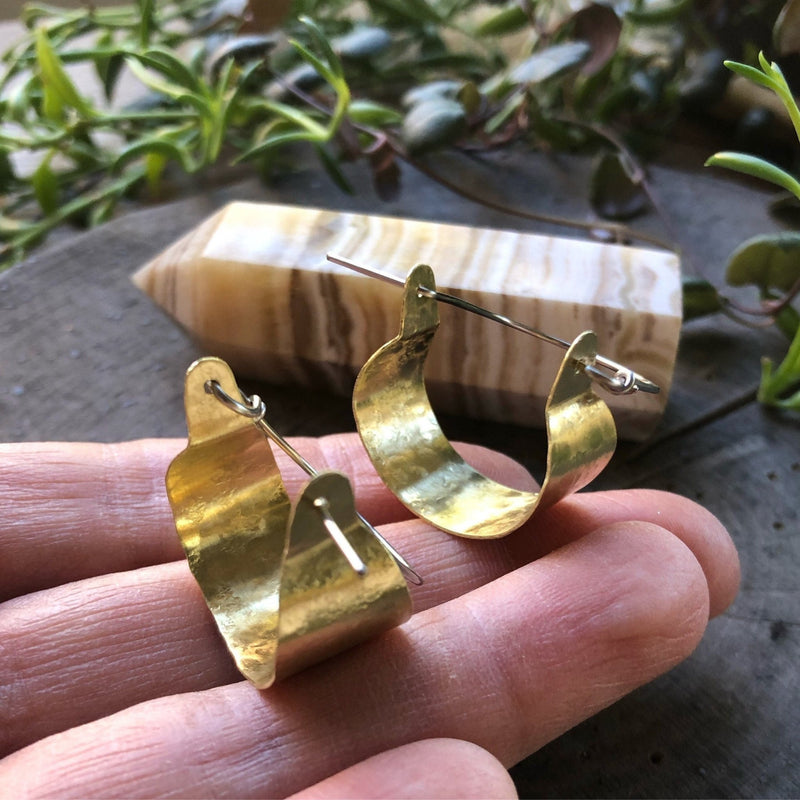 Rustic Metal Scoop Hoop Earrings | Handmade Hammered Brass-zoom-