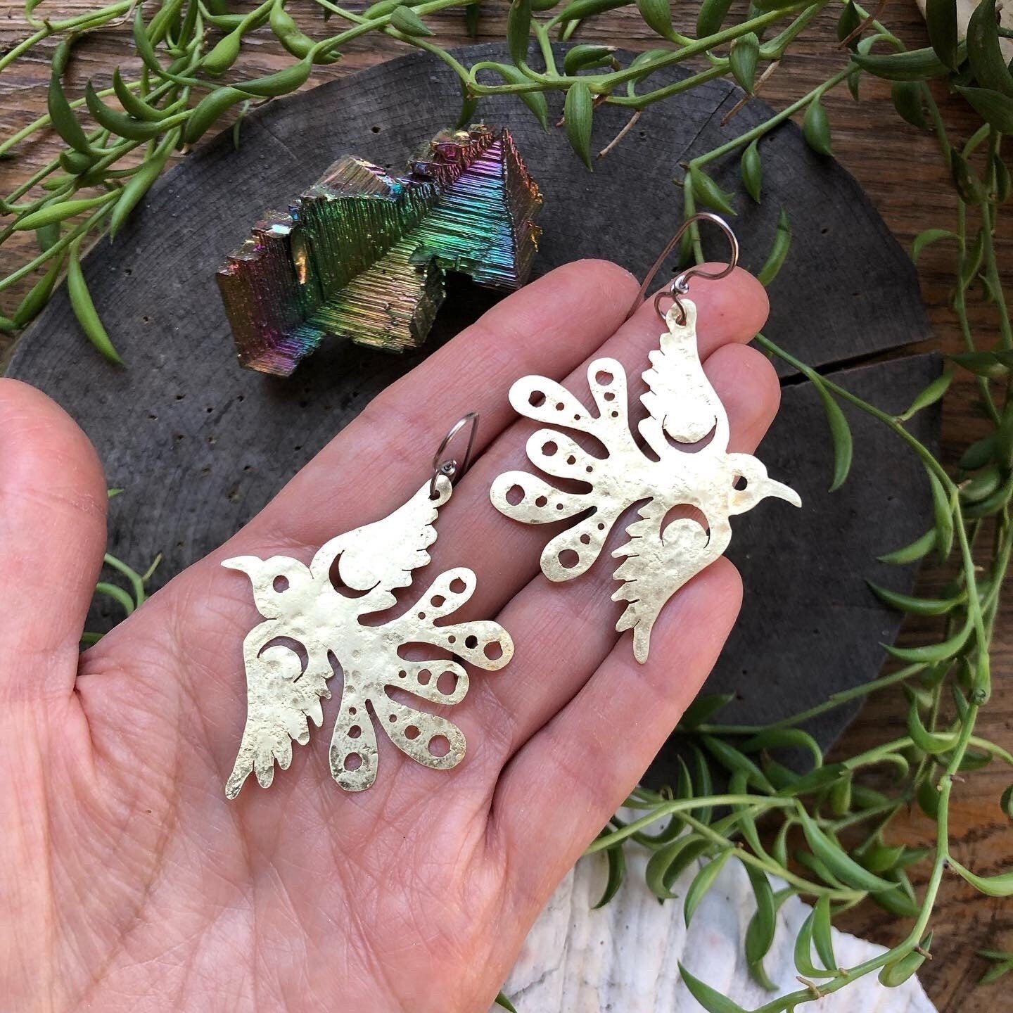Brass Bird Earrings | Mexican Folk Art Celestial Pajarito-zoom-2