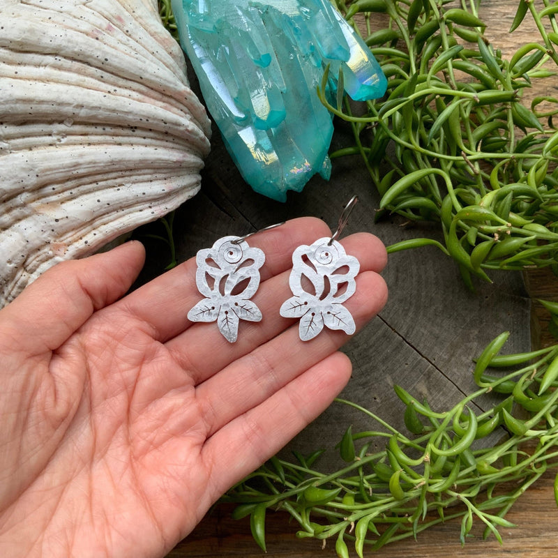 Metal Rose Earrings | Hand Cut Folk Art Jewelry-zoom-