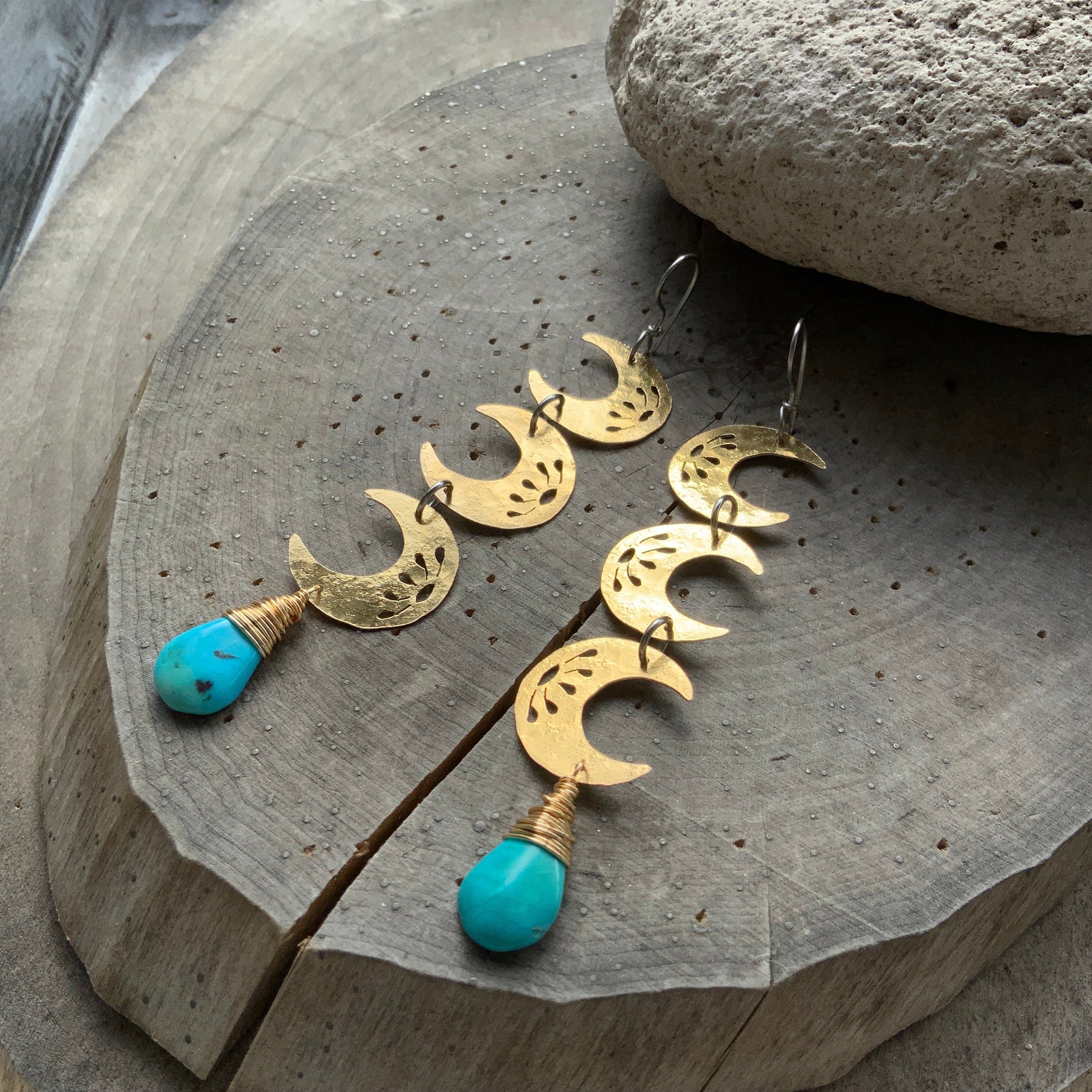Turquoise Crescent Moon Drop Earrings-zoom-3