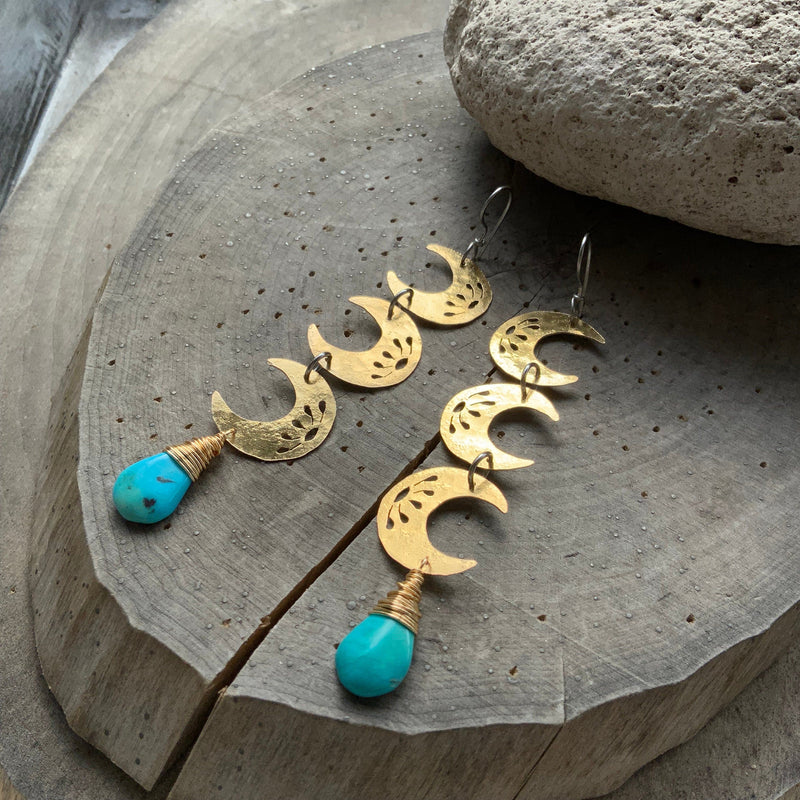 Turquoise Crescent Moon Drop Earrings-zoom-