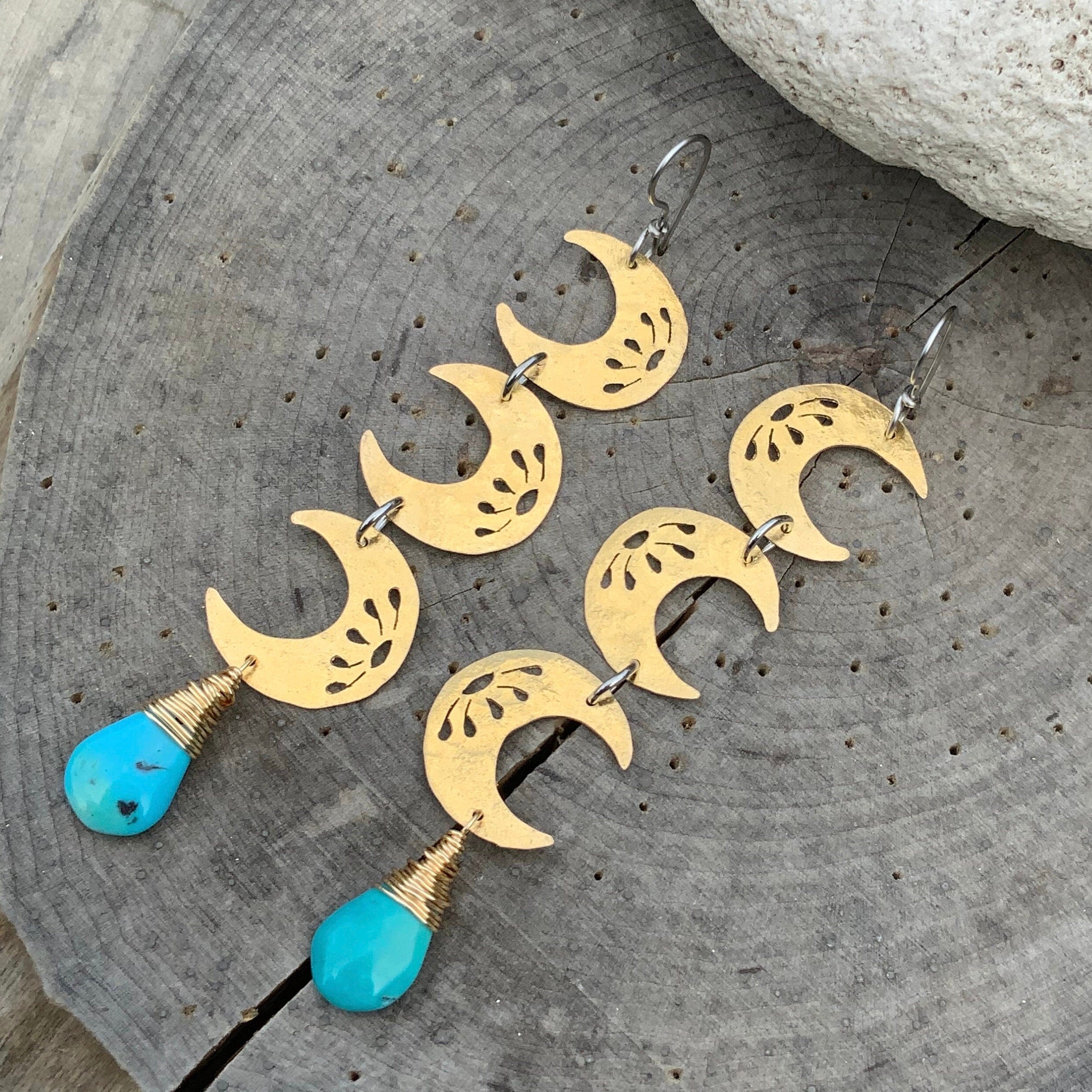 Turquoise Crescent Moon Drop Earrings-zoom-1
