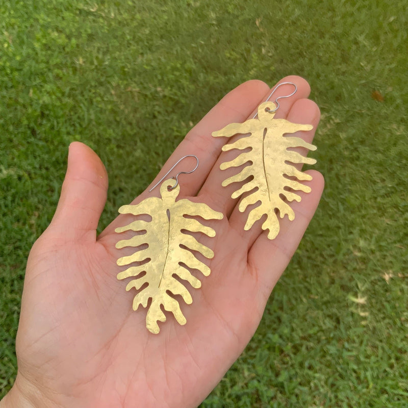 Large Brass Fern Earrings | Woodland Dangle Earrings-zoom-