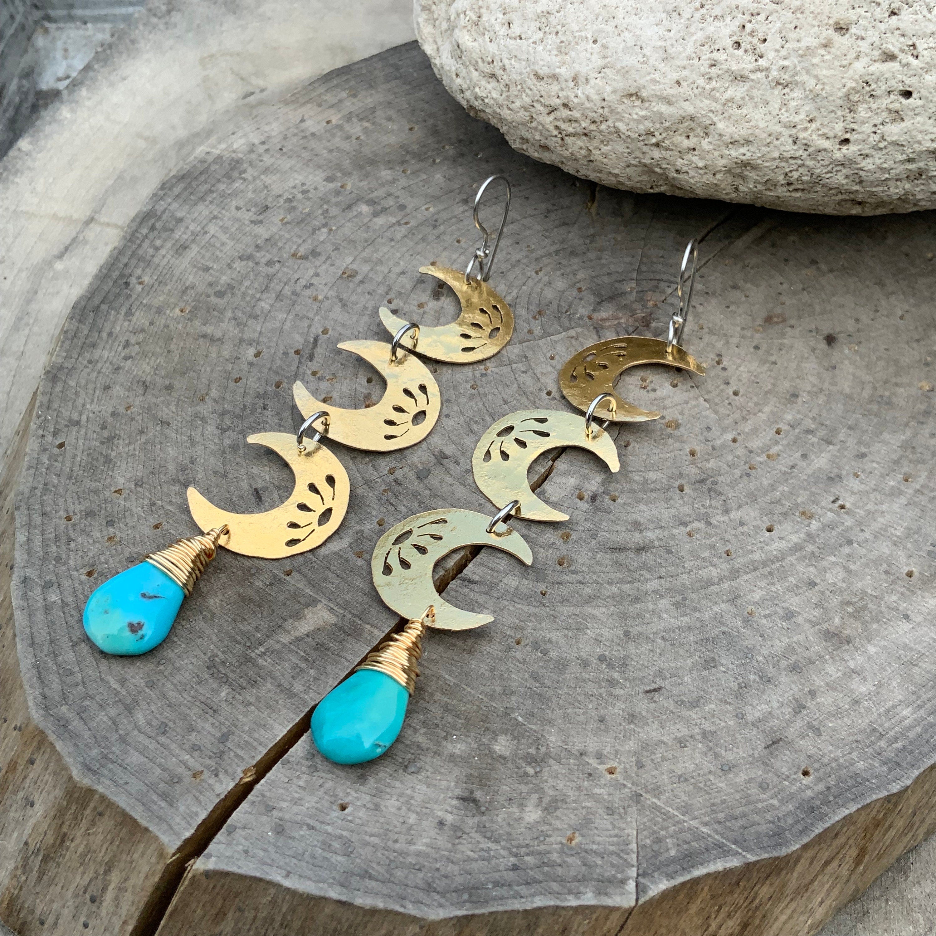 Turquoise Crescent Moon Drop Earrings-zoom-5