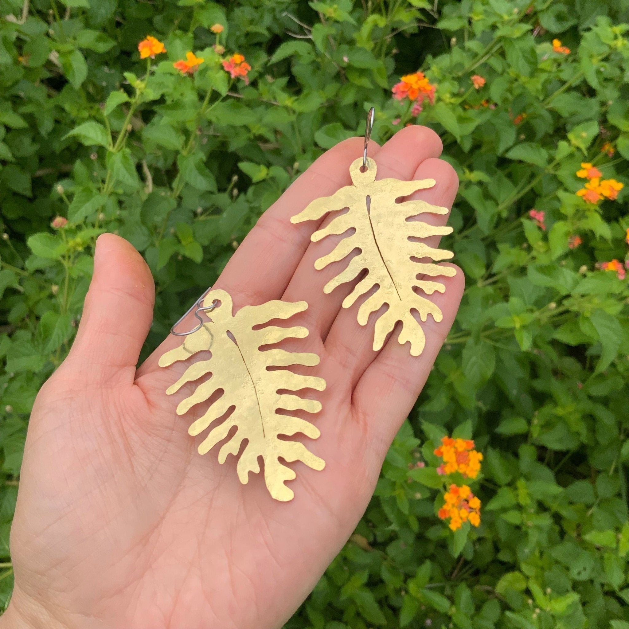 Large Brass Fern Earrings | Woodland Dangle Earrings - Aware House