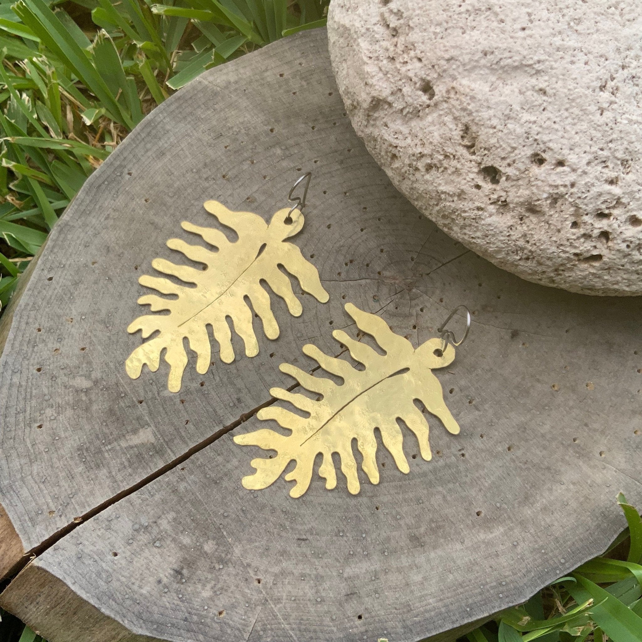 Large Brass Fern Earrings | Woodland Dangle Earrings - Aware House