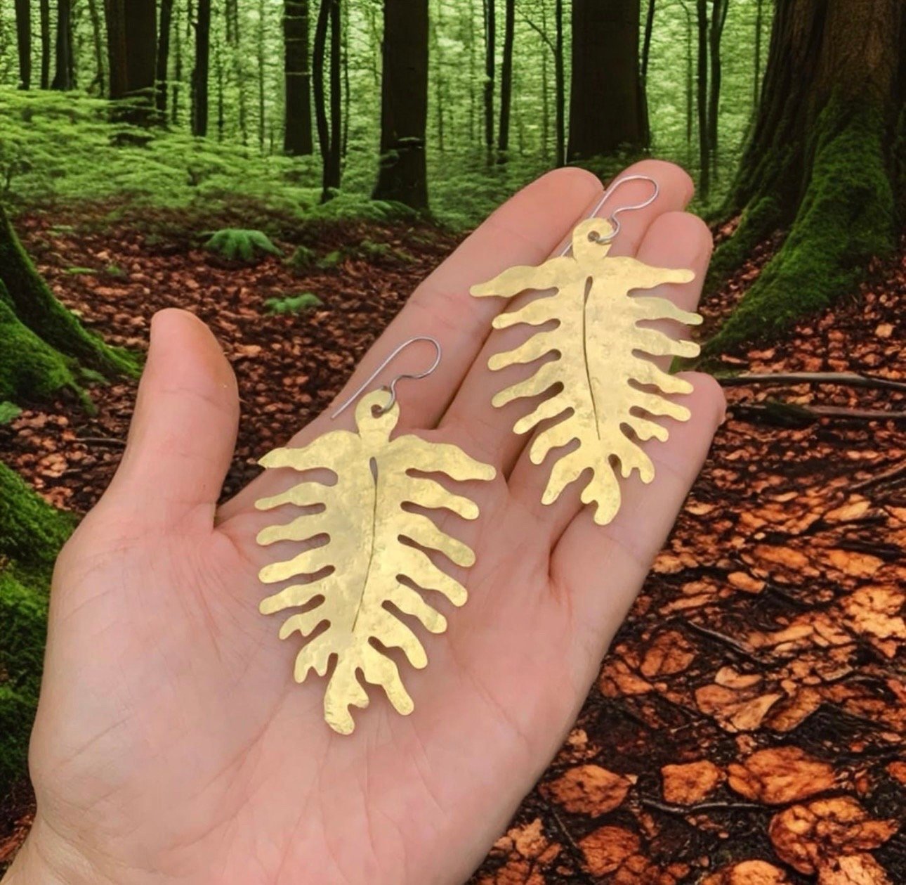 Large Brass Fern Earrings | Woodland Dangle Earrings - Aware House