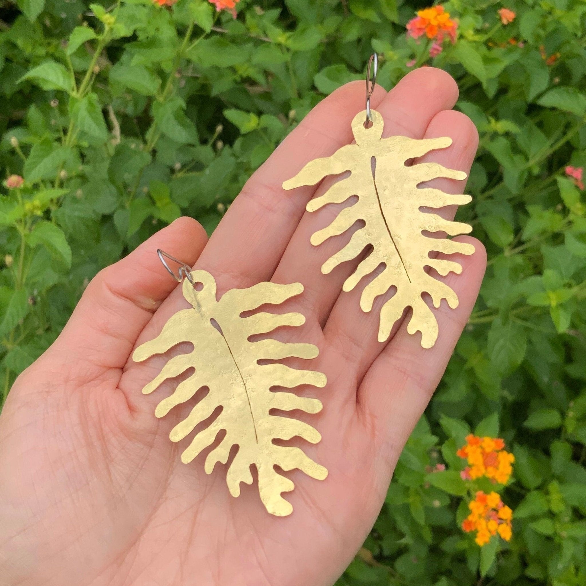 Large Brass Fern Earrings | Woodland Dangle Earrings - Aware House