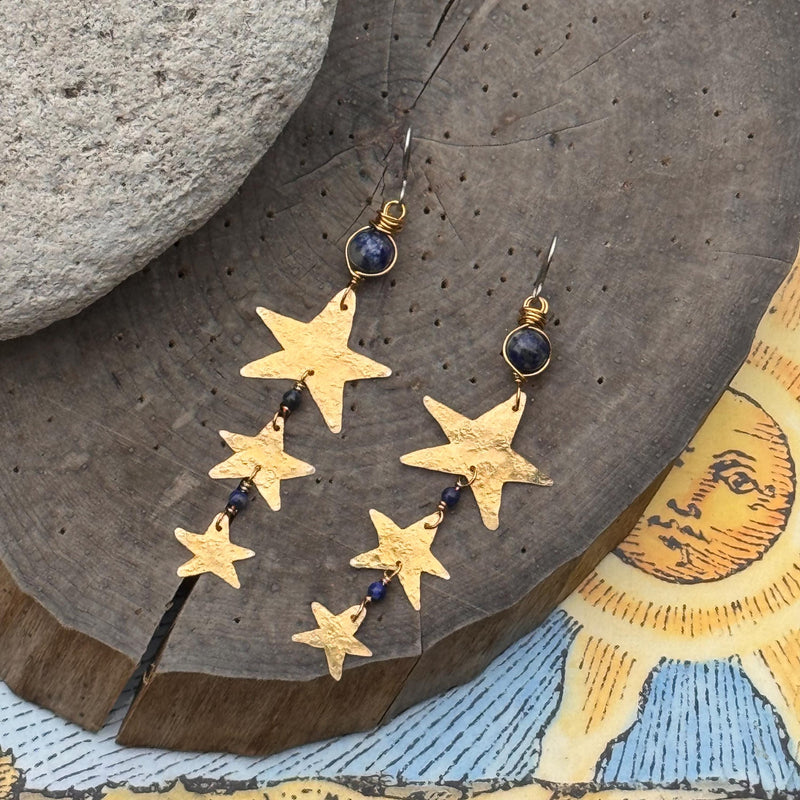 Hammered Brass Star and Lapis Earrings-zoom-