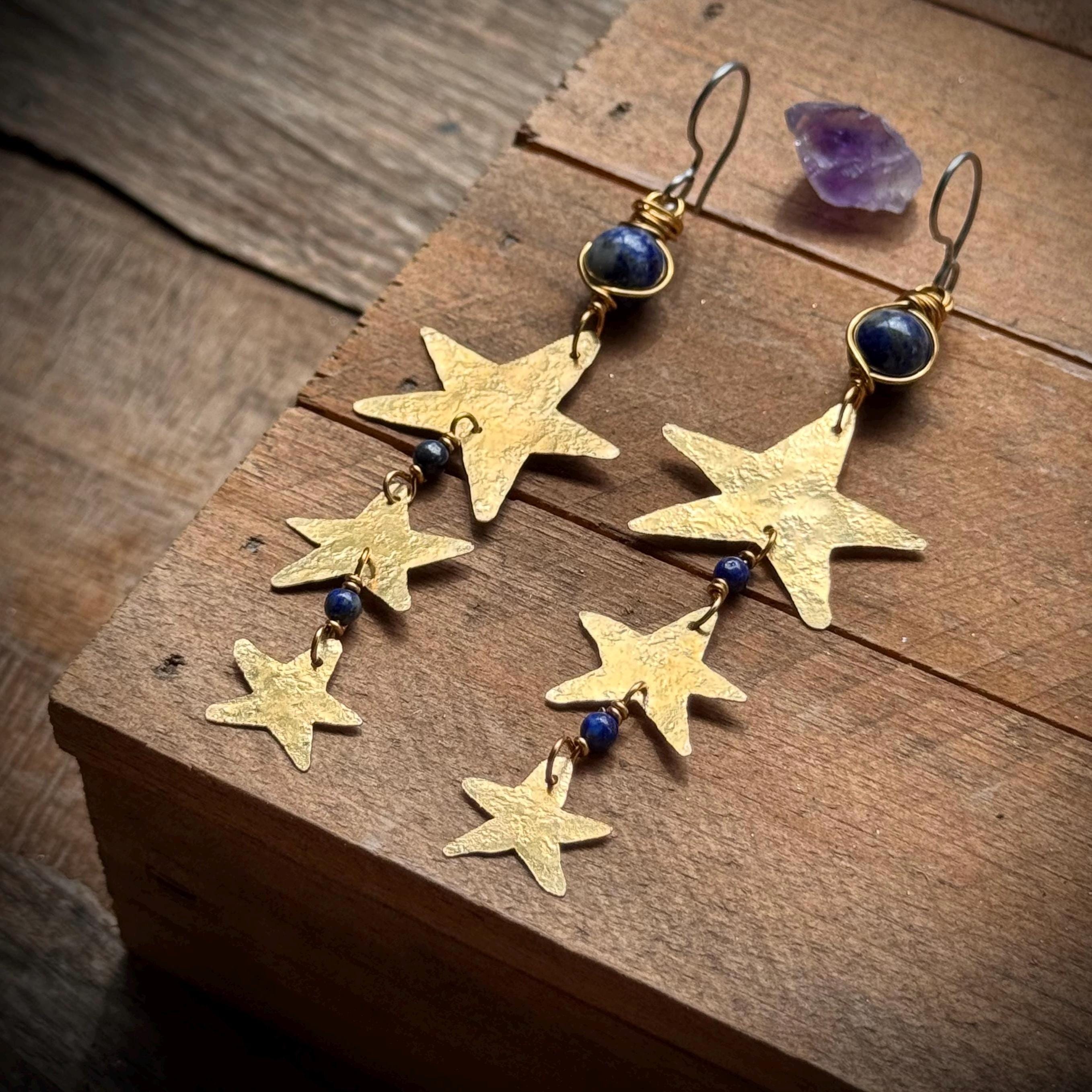 Hammered Brass Star and Lapis Earrings-zoom-2