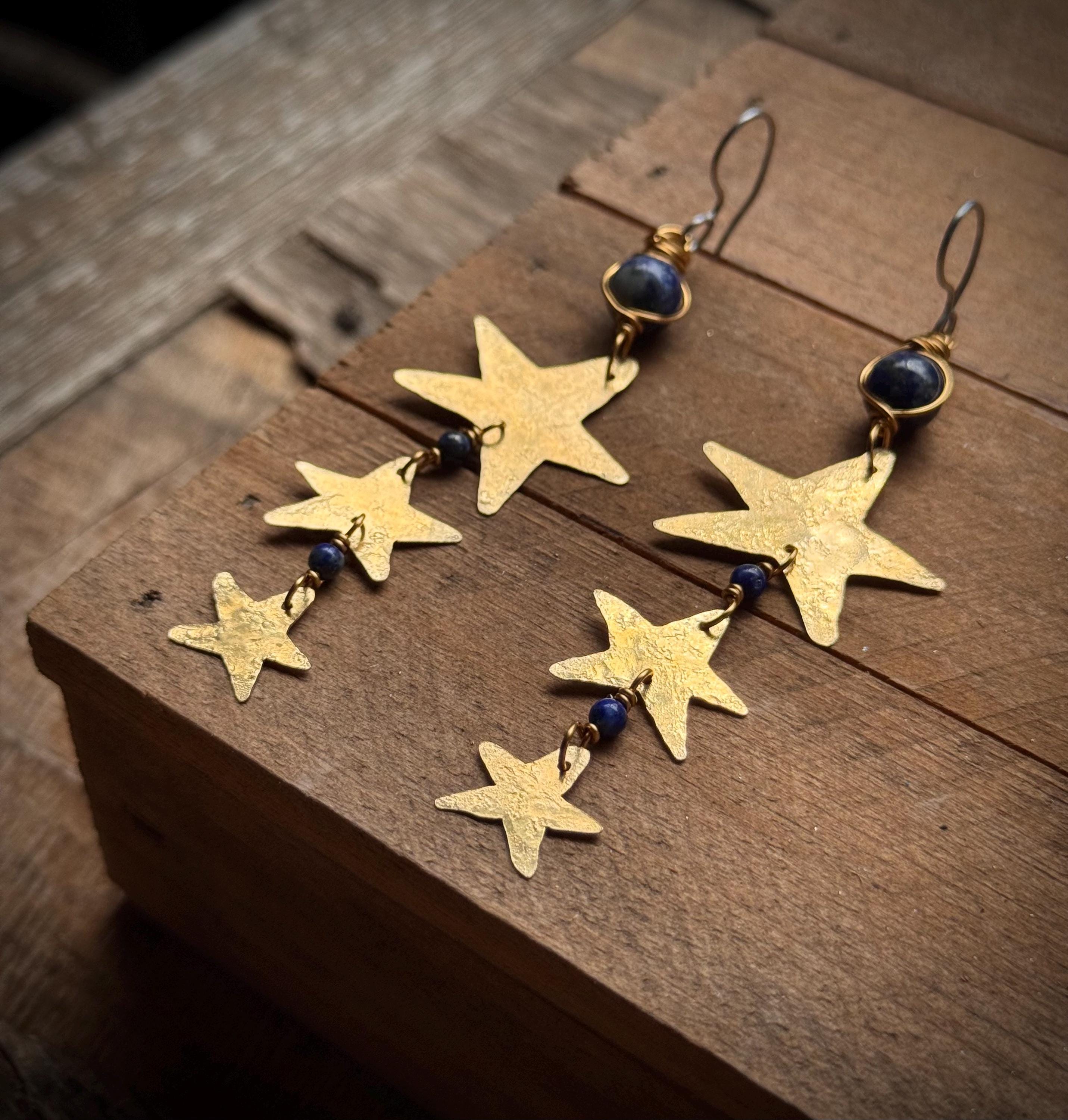 Hammered Brass Star and Lapis Earrings-zoom-4