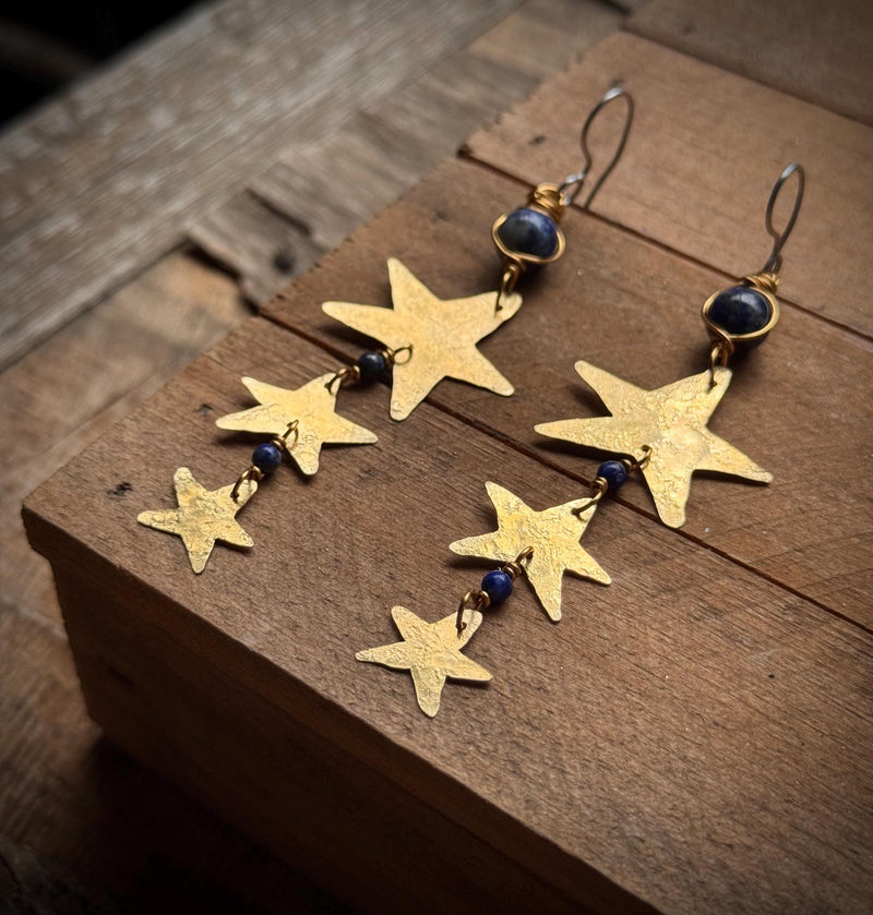 Hammered Brass Star and Lapis Earrings-zoom-