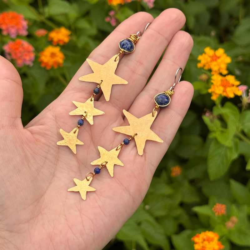 Hammered Brass Star and Lapis Earrings-zoom-