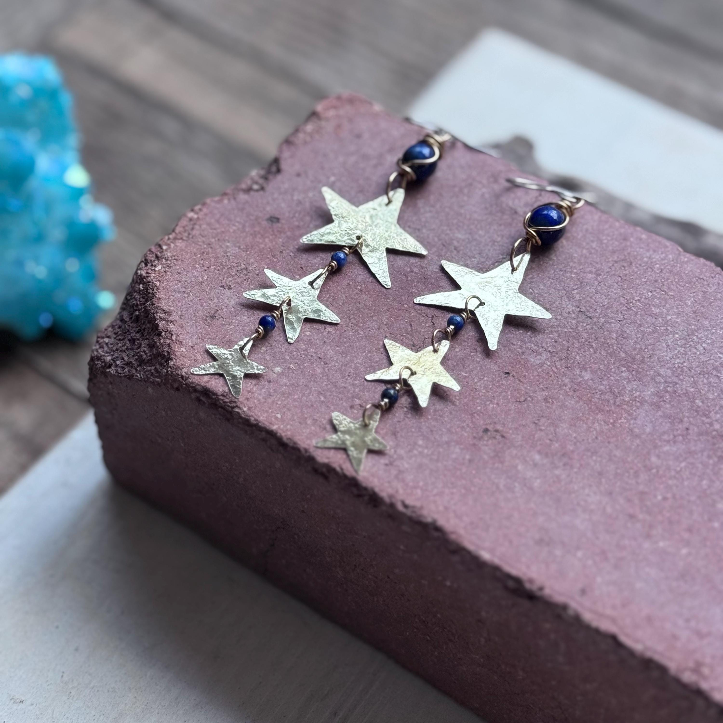 Hammered Brass Star and Lapis Earrings-zoom-7