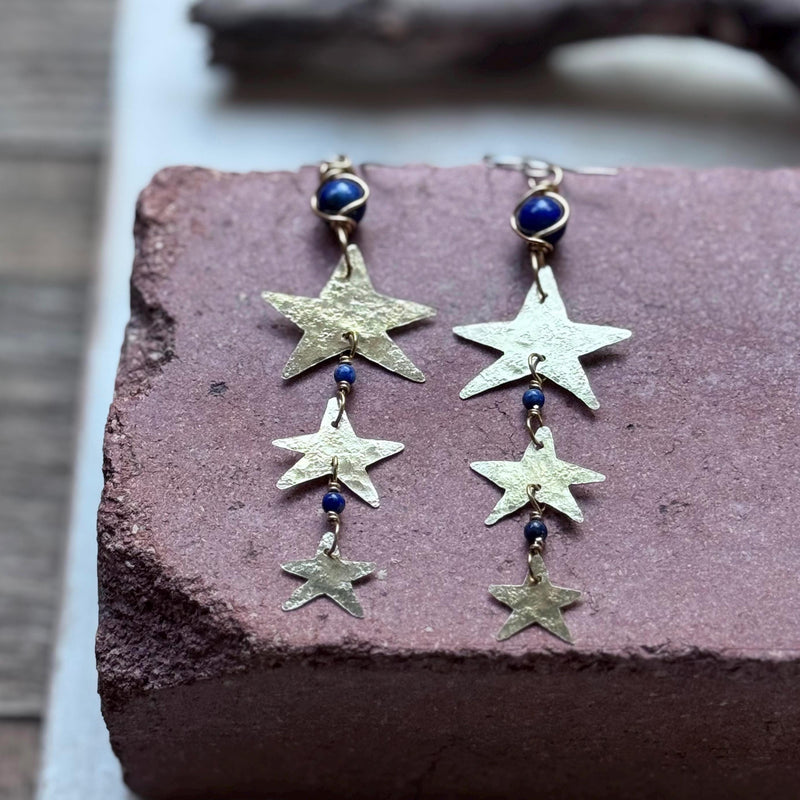 Hammered Brass Star and Lapis Earrings-zoom-