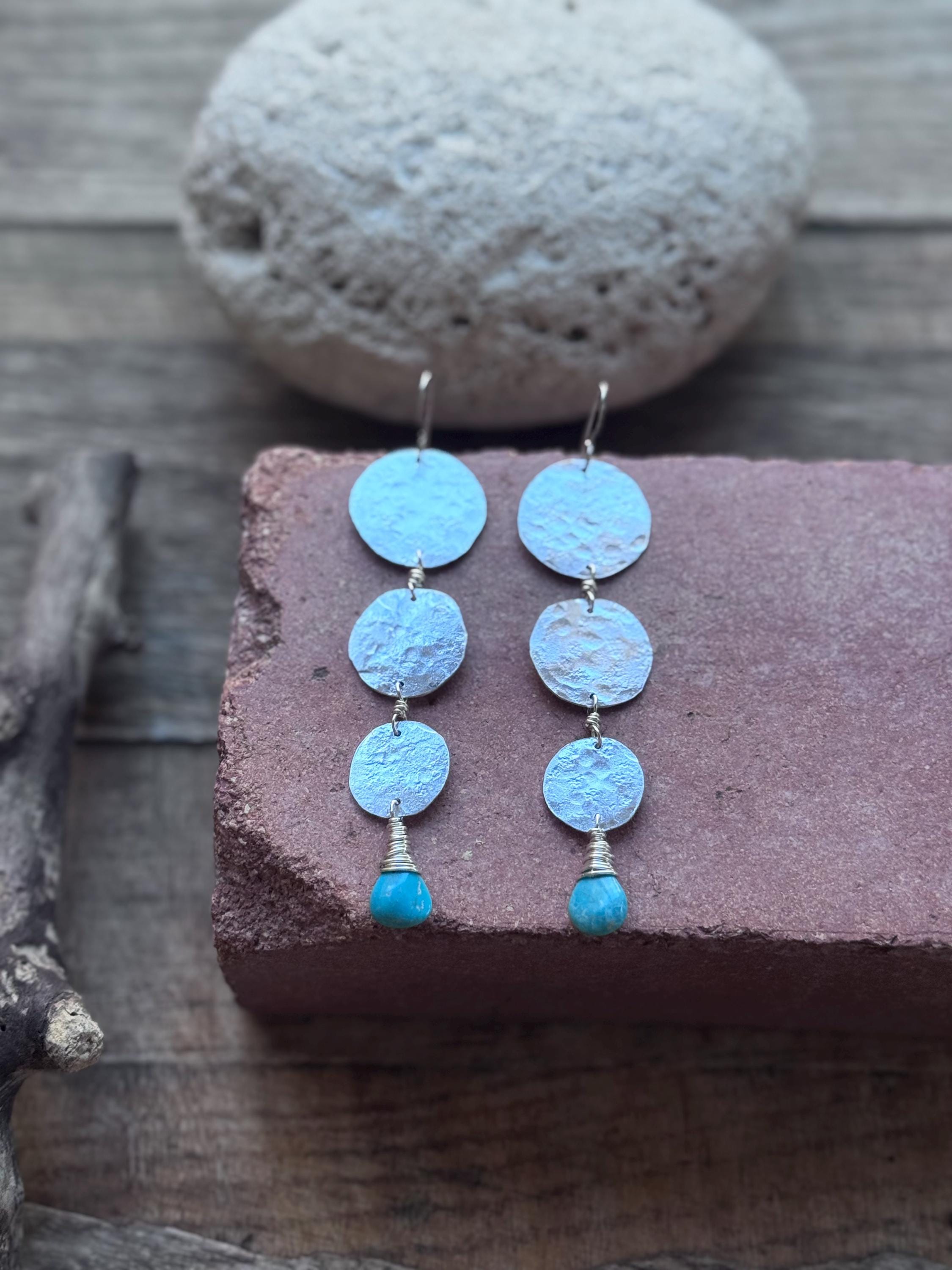 Turquoise Hammered Circle Drop Earrings-zoom-1