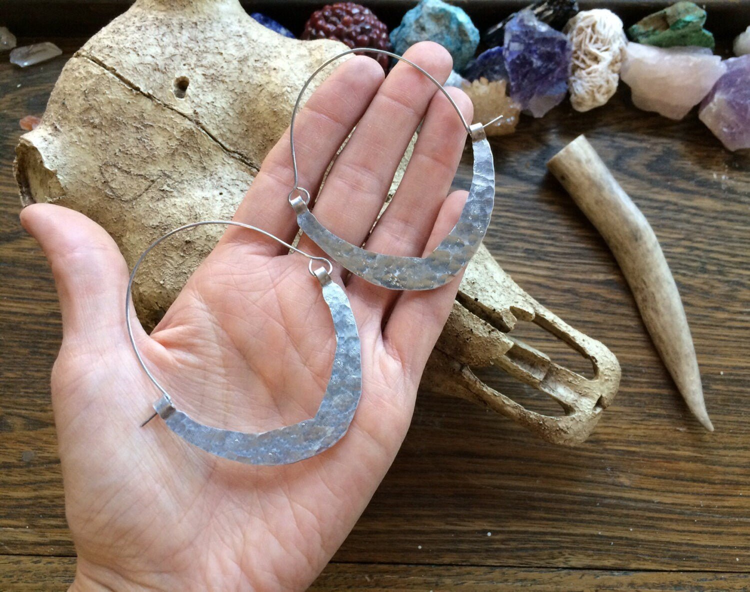 Rustic Metal Hoop Earrings | Handmade Bent Crescent Design - Aware House