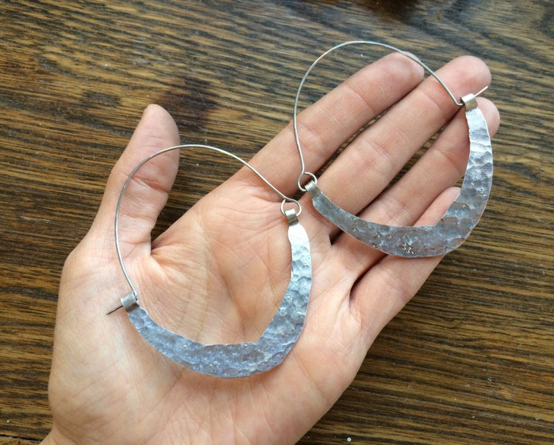 Rustic Metal Hoop Earrings | Handmade Bent Crescent Design-zoom-