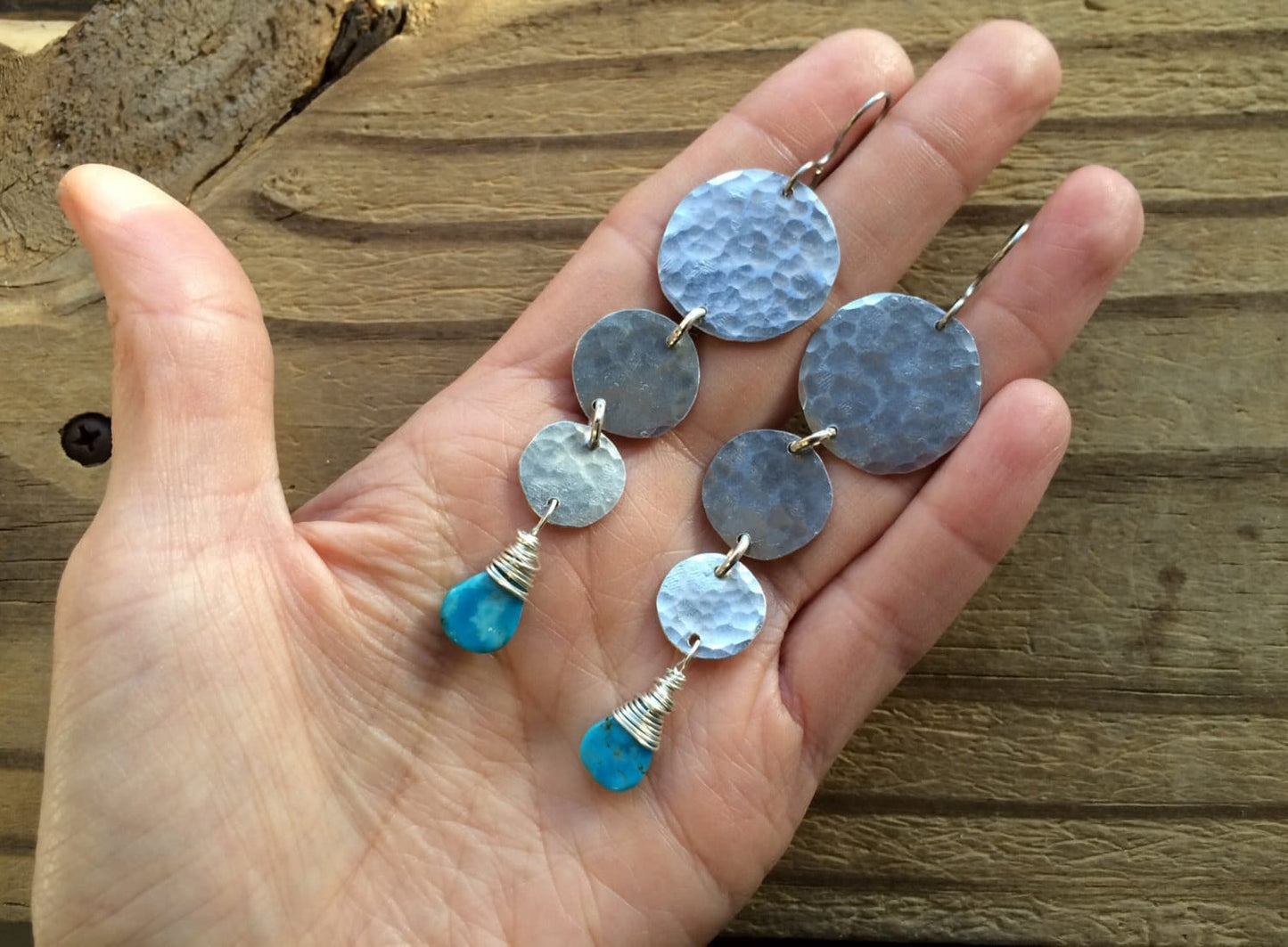 Turquoise Hammered Circle Drop Earrings