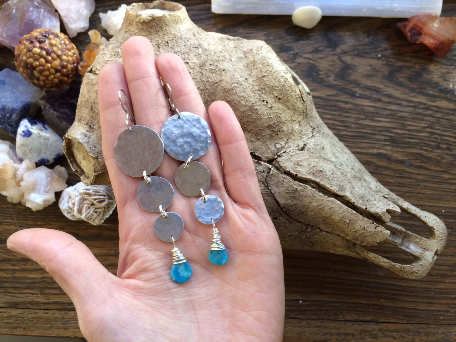 Turquoise Hammered Circle Drop Earrings