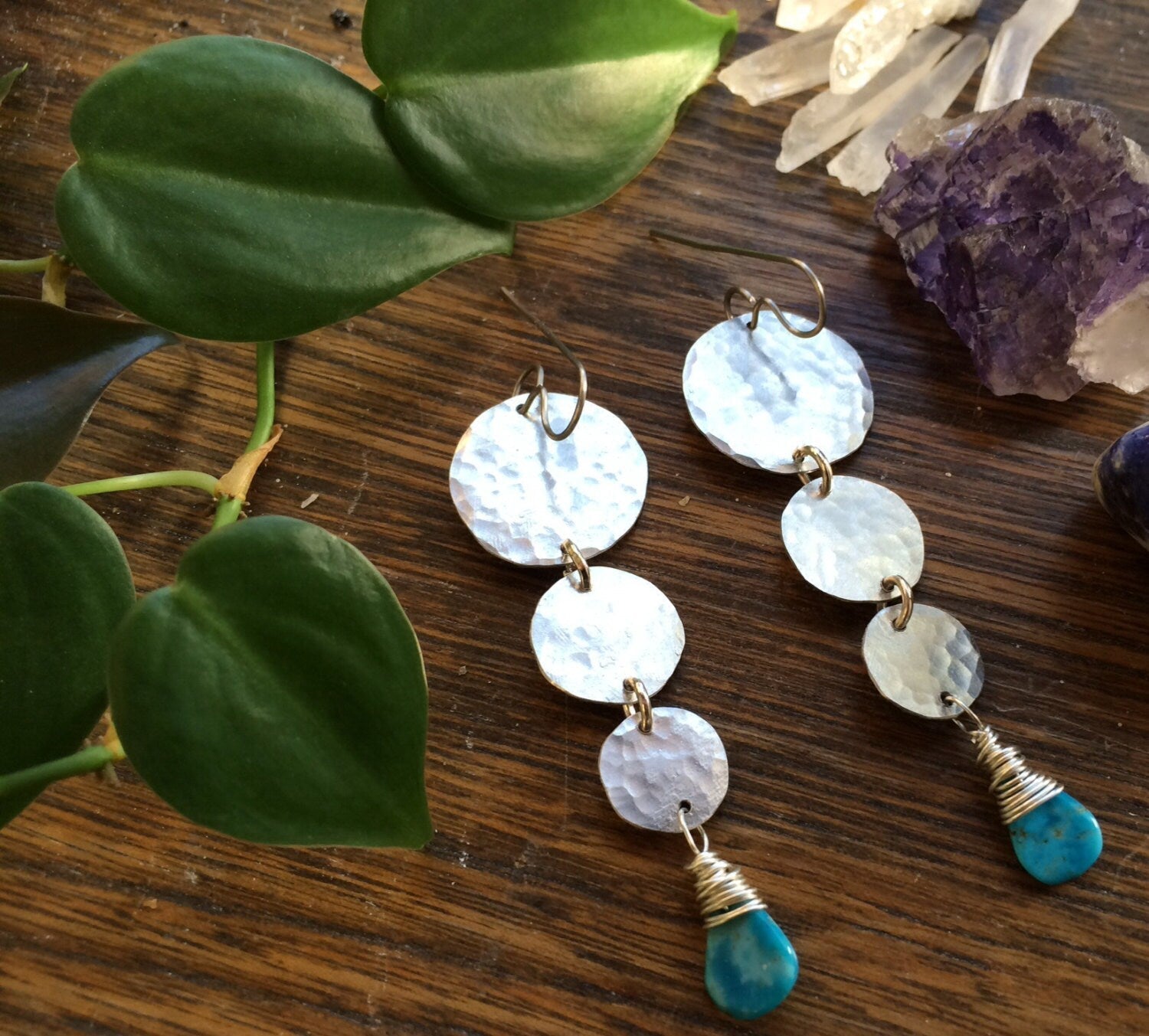 Turquoise Hammered Circle Drop Earrings-zoom-1