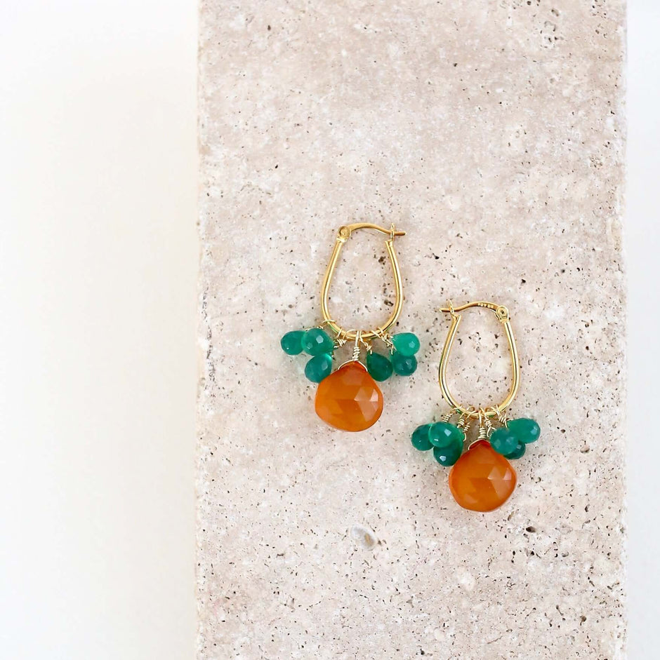 Dark Orange Chalcedony & Green Onyx Gold Earrings - Aware House - PARKEN JEWELRY -
