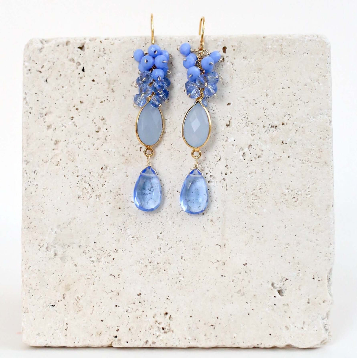 Dark Blue Chalcedony Bezel Cluster Earrings-zoom-2