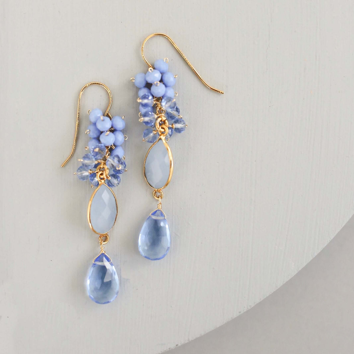 Dark Blue Chalcedony Bezel Cluster Earrings-1