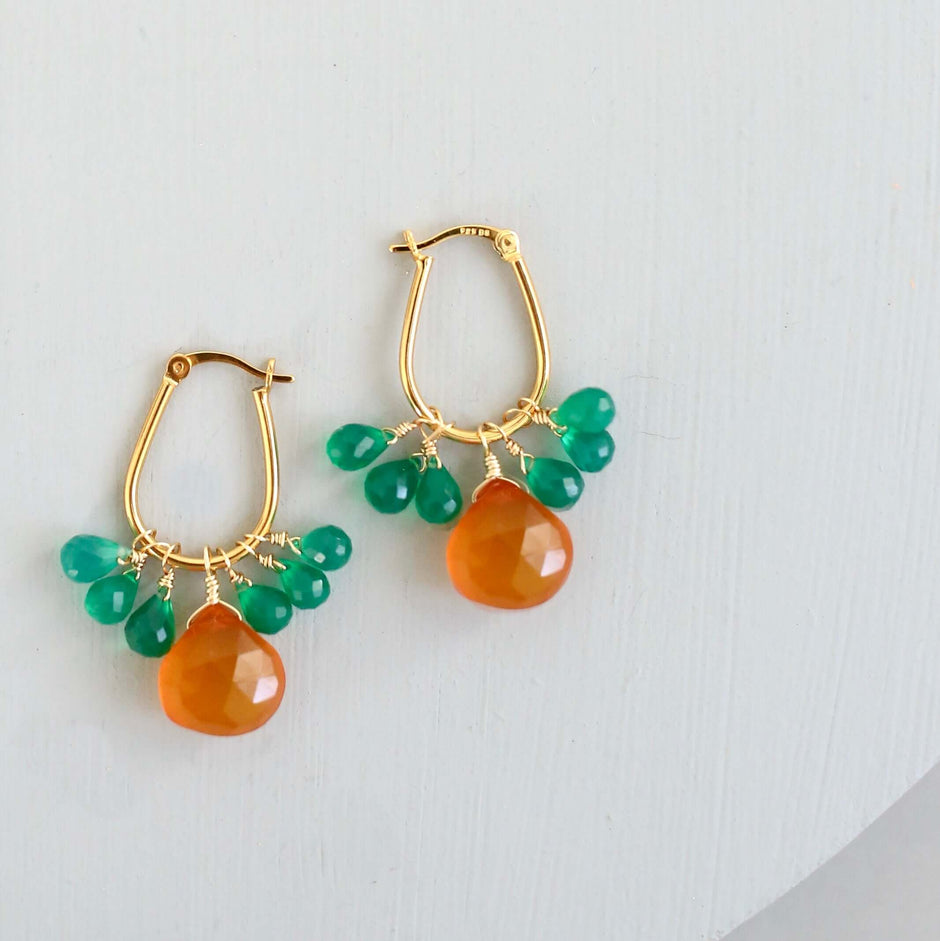 Dark Orange Chalcedony & Green Onyx Gold Earrings - Aware House - PARKEN JEWELRY -