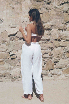 Juliet Trousers | White Linen Trousers with Tie - Aware House