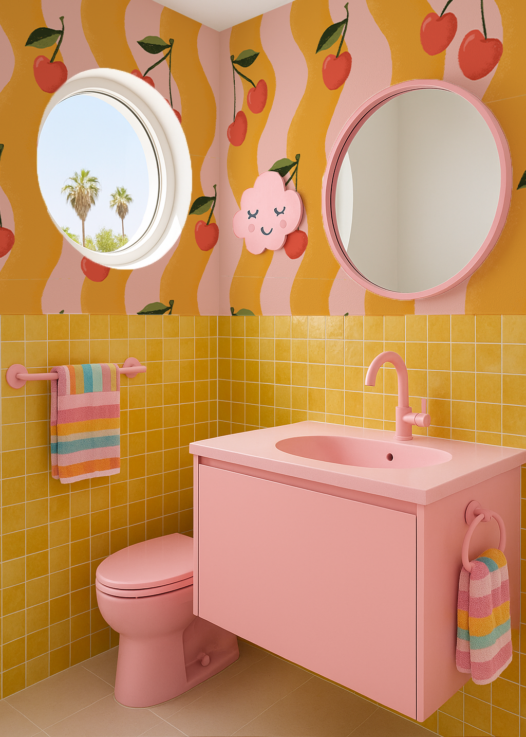 Wavy Cherry Wallpaper, pink and yellow-zoom-1