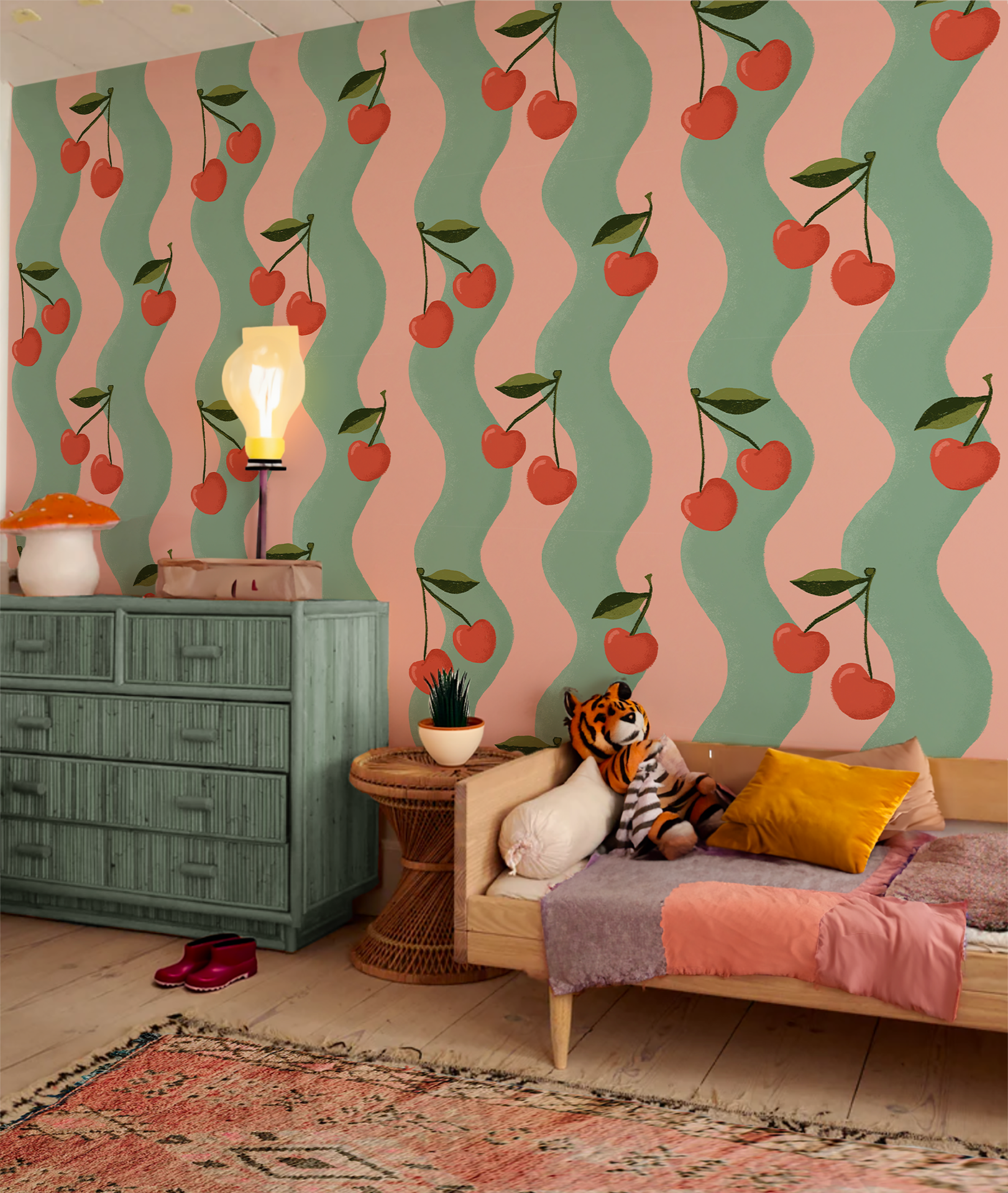 Wavy Cherry Wallpaper, pink and teal-1