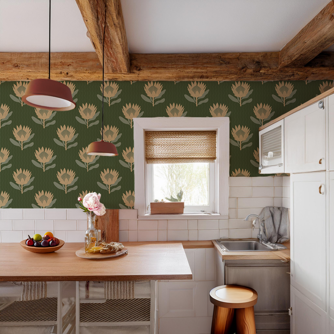 King Protea Wallpaper, forest green and butter yellow-6