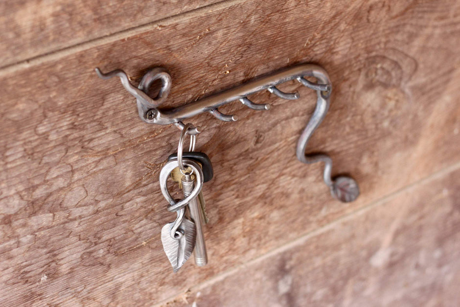 Hand Forged Key Rack | Leafy Wall Key Holder (5 Hooks) - Aware House - Wicks Forge - 