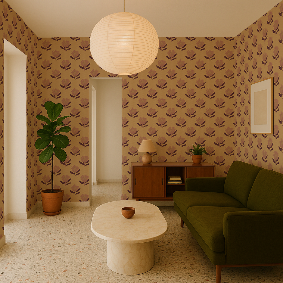 King Protea Wallpaper, butter yellow and mauve