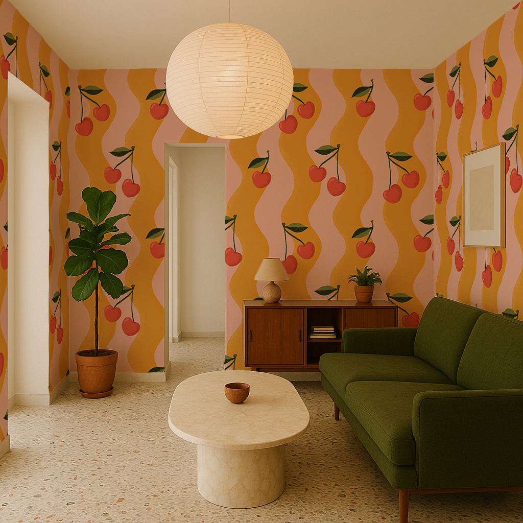 Wavy Cherry Wallpaper, pink and yellow-zoom-4