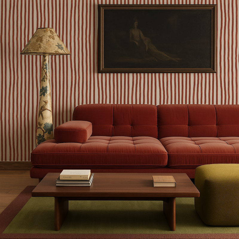Dolce Stripe Wallpaper, off-white and brick red-zoom-