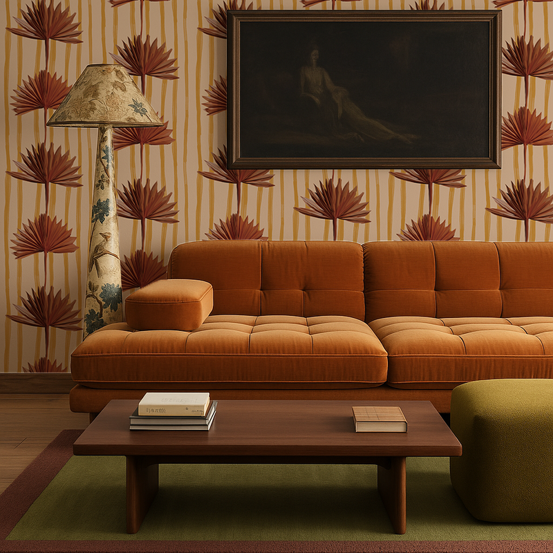 Stripey Palm Wallpaper, nude mustard and rust-zoom-